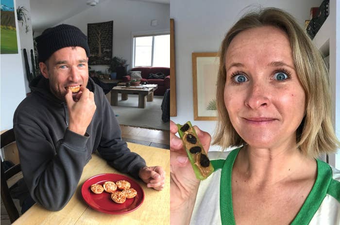 Man eating Bagel Bites, woman eating ants on a log