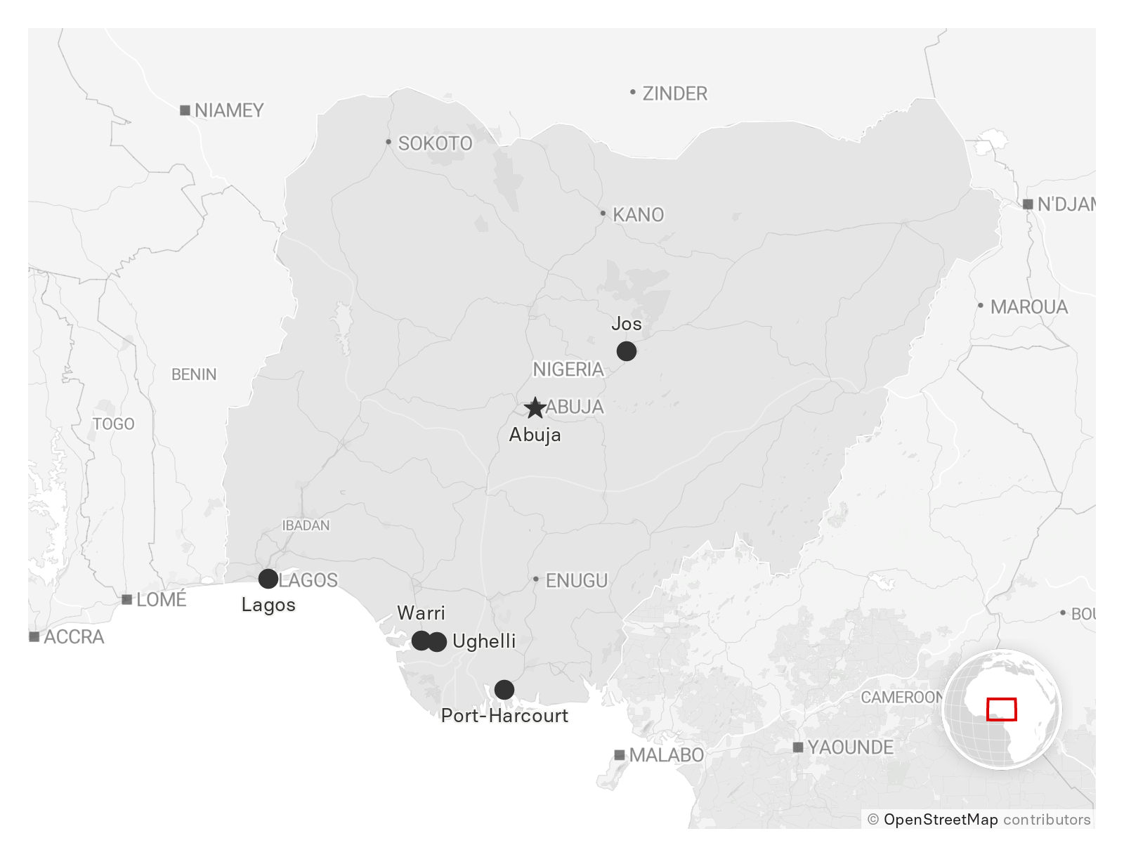 A map points out the locations of Lagos, Jos, Abuja, Warri, Ughelli, and Port Harcourt