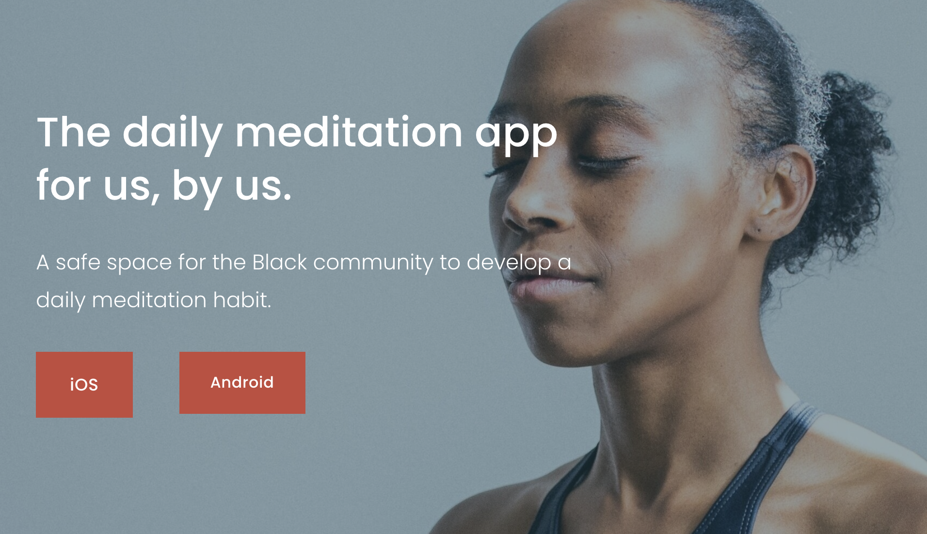 A model meditating next to the text introducing the app 