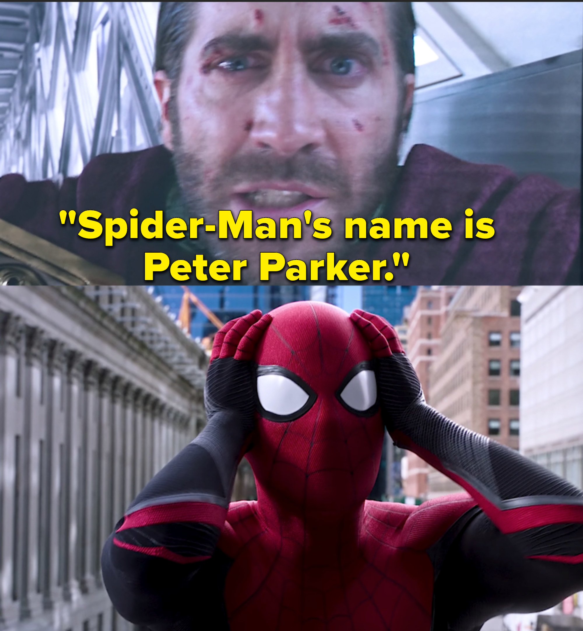 Tom Holland as Peter Parker / Spider-Man and Jake Gyllenhaal as Quentin Beck / Mysterio in the movie &quot;Spider-Man: Far From Home.&quot;