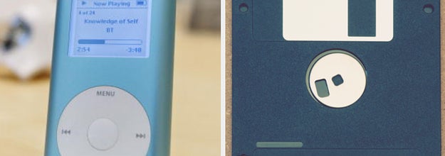 an early iPod and a square flat disk