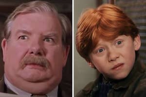 On the left, Vernon Dursley with wide eyes, and on the right, Ron Weasley tilting his head in confusion