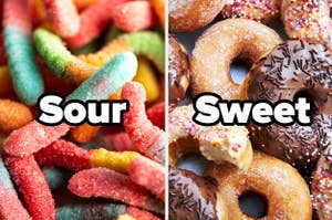 sour gummy worms with the text "sour" and donuts with the text "sweet"