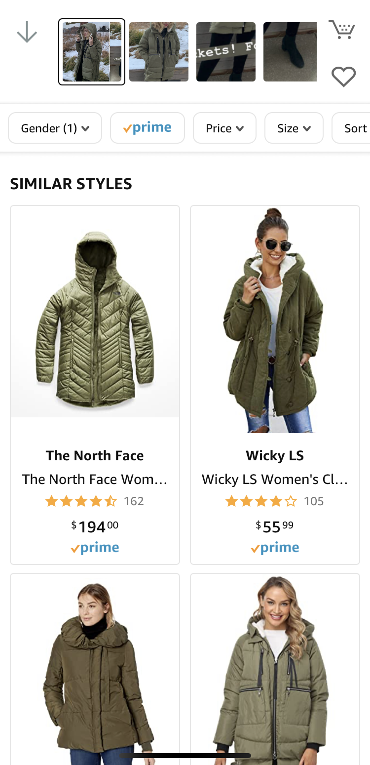 Screenshot of the Amazon shopping app showing similar coats to the one worn by BuzzFeed writer Maitland Quitmeyer 