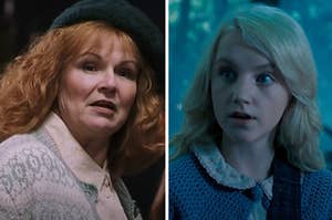 Molly Weasley is on the left looking concerned with Luna Lovegood on the right looking scared