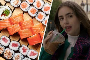 A platter of sushi on the left and Emily from Emily in Paris drinking starbucks on the right