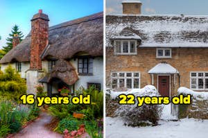 Cottage with the words 16 years old on top, and a larger cottage with the words 22 years old on top