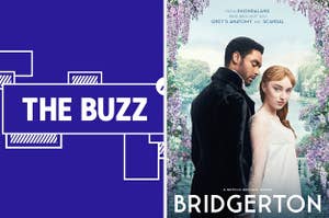 Splitscreen of purple graphic with THE BUZZ in white letters on the right side and "Bridgerton" poster on the left side (CREDIT: NETFLIX)