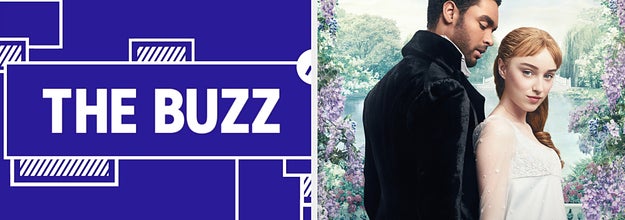 Splitscreen of purple graphic with THE BUZZ in white letters on the right side and 