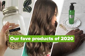 A jar with a hard-printed label on it, a BuzzFeed writer with soft, shiny hair, and an exfoliating moisturizer