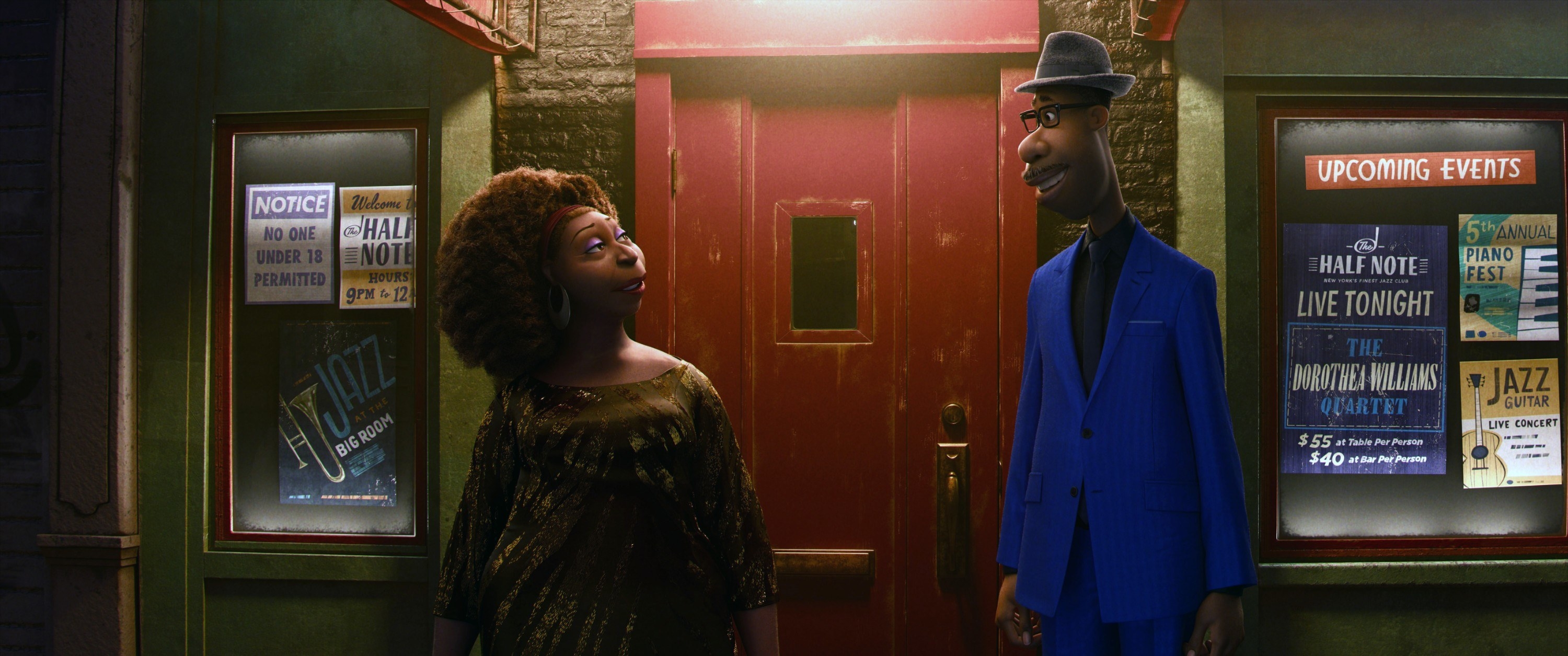 Dorothea Williams (voice: Angela Bassett) and Joe Gardner (voice: Jamie Foxx) speaking to each other outside a jazz club