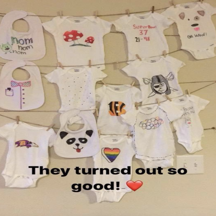 reviewer photo of decorated onesies with text that says "they turned out so good" 