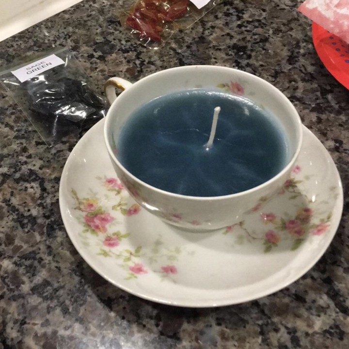 reviewer photo of candle made in teacup 