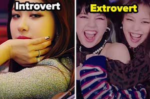 A Blackpink member is on the left looking shy labeled, "Introvert" with two hugging on the right labeled, "Extrovert"