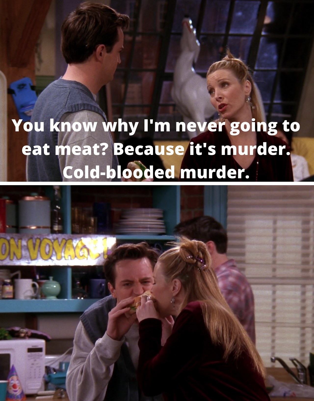 Phoebe and Joey sharing a meat sandwich 
