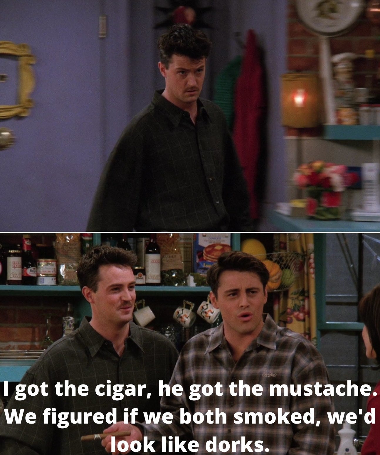 Chandler walking into Monica&#x27;s apartment and Joey saying, &quot;I got the cigar, he got the mustache. We figured if we both smoked, we&#x27;d both look like dorks&quot;