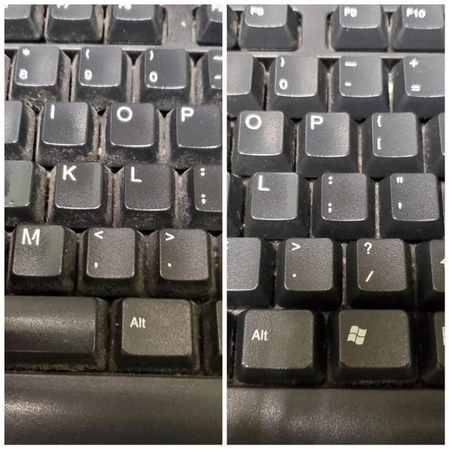 A before and after of a reviewer's keyboard caked with dust then way less dusty