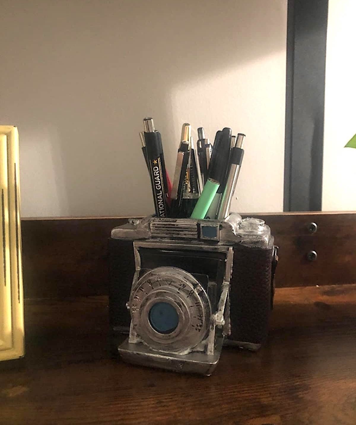 reviewer image of the bellaa vintage camera pen holder with pens in it