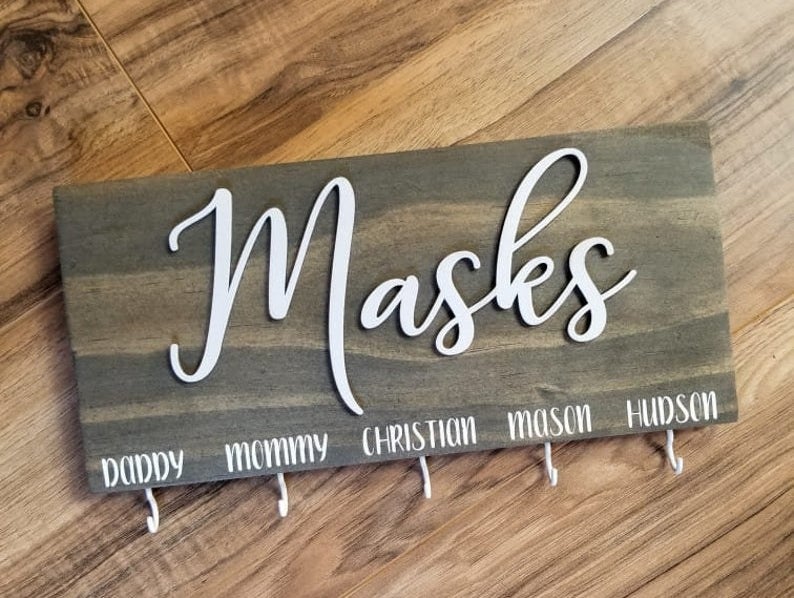 A wooden sign that says "Masks" in white script with five small hooks and names above them