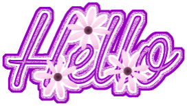 A purple GIF sticker of the word &quot;hello&quot; with flowers on it