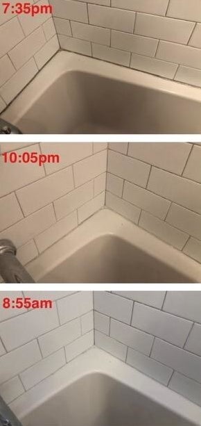 Progression photo showing dark mold and mildew on shower tile grout disappearing overnight