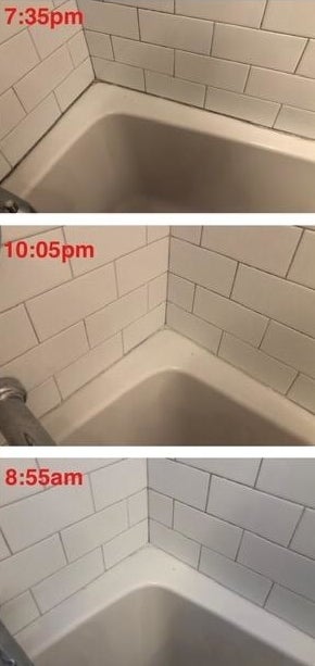 Progression photo showing dark mold and mildew on shower tile grout disappearing overnight