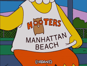 A character from &quot;The Simpsons&quot; wearing a Hooters Manhattan Beach t-shirt.