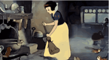 Snow White and animal co. cleaning a dusty fireplace 