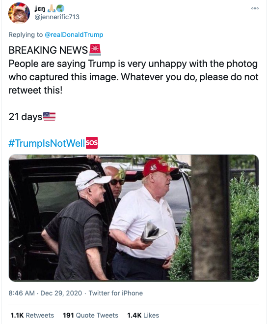 Screenshot of tweet reading &quot;BREAKING NEWS: People are saying Trump is very unhappy with the photog who captured this image. Whatever you do, please do not retweet this!&quot;