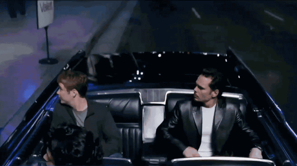An overhead GIF shot of the cast of Entourage getting out of a convertible from the intro to the show