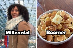 TikTok main character trend with words "millennial" and pancake cereal with word "boomer"