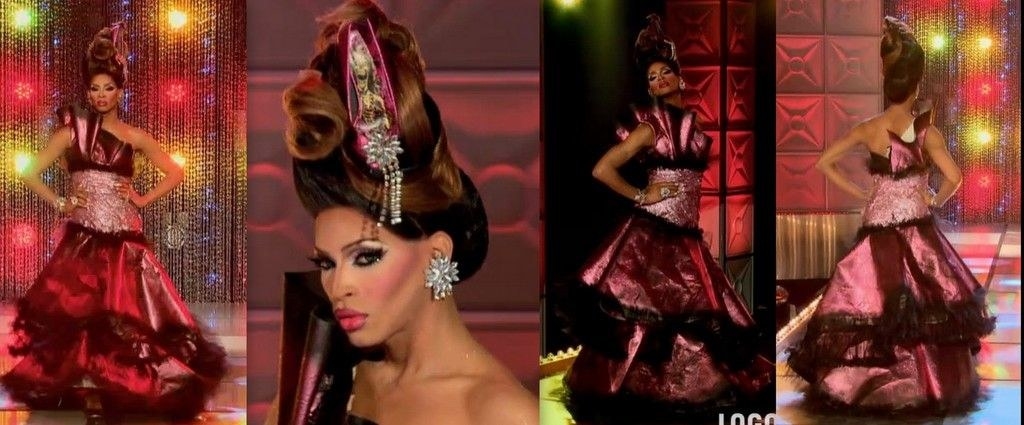 Drag queen Lineysha Sparx wearing a gown made from pink wallpaper