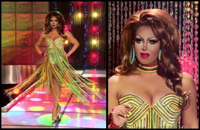 Drag queen Roxxxy Andrews wearing a dress made from rainbow shoelace candy