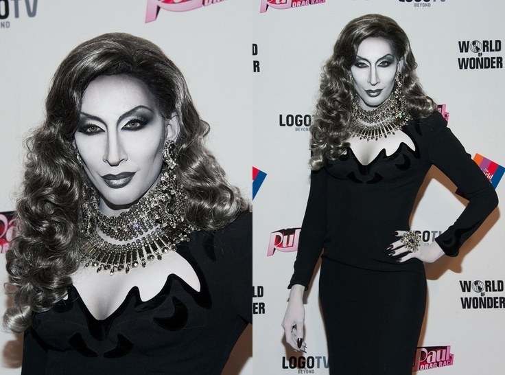 Drag queen Detox wearing an outfit and makeup that makes it looks like she is in a black and white movie