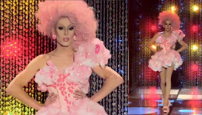Drag queen Alaska wearing a mini dress made from cotton candy