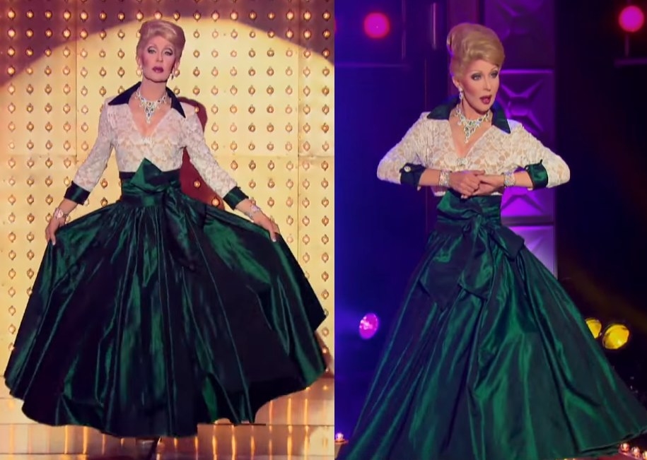 Drag queen Chad Michaels wearing a green ball gown with a white lace top