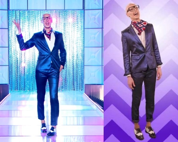 Drag queen Milk dressed in a suit to look like an out-of-drag RuPaul