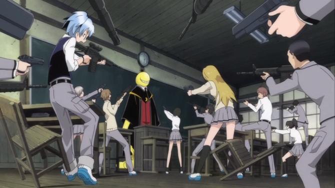 Students in a classroom standing and aiming their guns at their teacher, who is this yellow, octopus-like creature