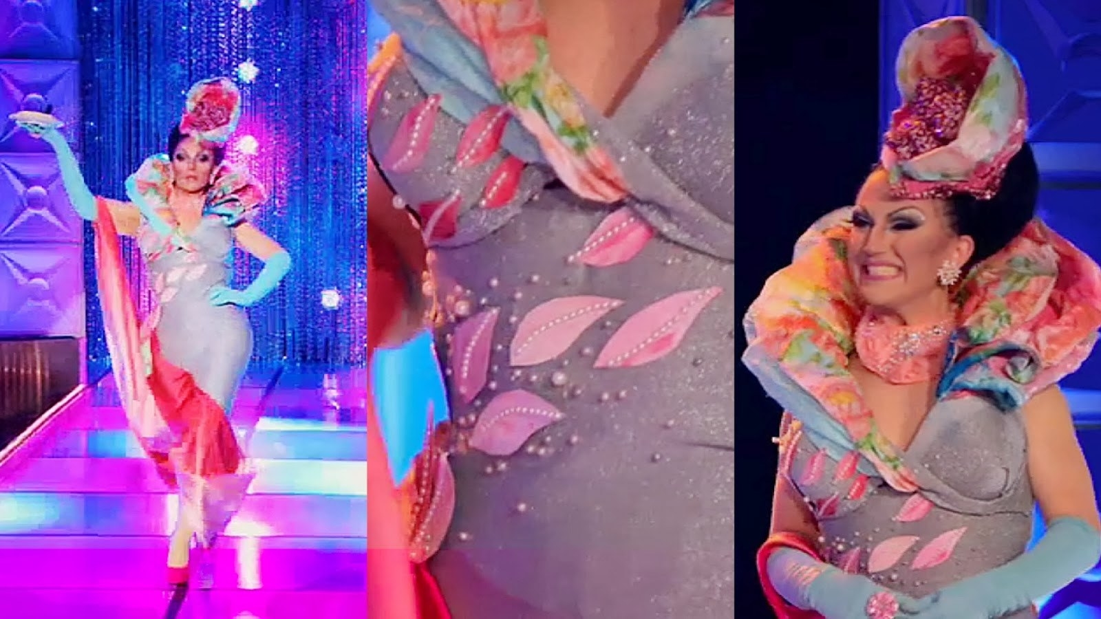 Drag queen BenDeLaCreme wearing a fitted gown made from Golden Girls inspired scraps