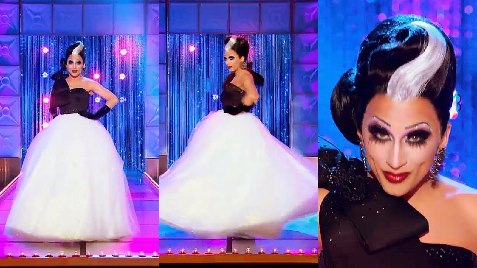 Drag queen Bianca Del Rio wearing a black and white ball gown
