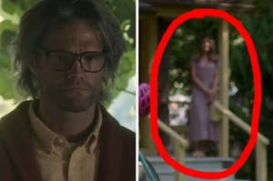Sam Winchester stands in a grey wig next to an image of a blurry woman