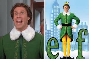 An image of Buddy the elf next to a poster for the movie elf
