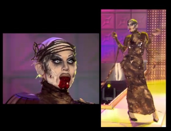 Drag queen Sharon Needles wearing a brown apocalypse themed dress with fake blood dripping from her mouth