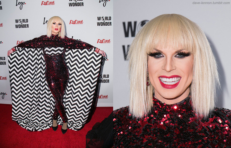 Drag queen Katya wearing a red sequin bodysuit with a cape lined in black and white zig zag fabric