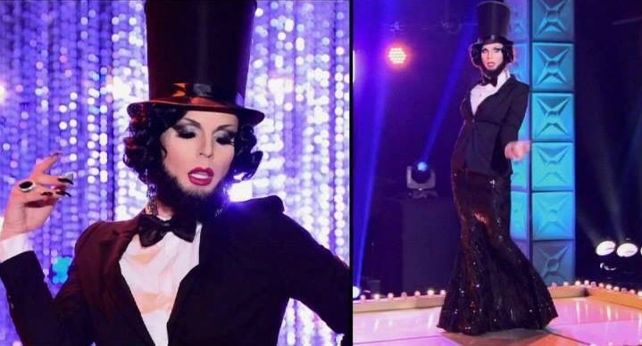 Drag queen Katya wearing an Abraham Lincoln style gown complete with beard and stovepipe hat