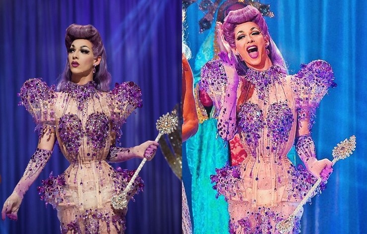 Drag queen Violet Chachki wearing a structured beige and purple jeweled gown
