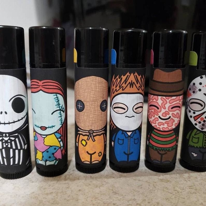 the horror movie lip balms from the nightmare before Christmas, halloween, nightmare on elm street, and Friday the 13th