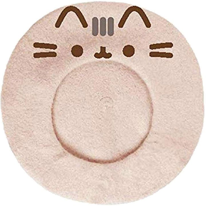 The gray beret with Pusheen's face, ears, and whiskers on it