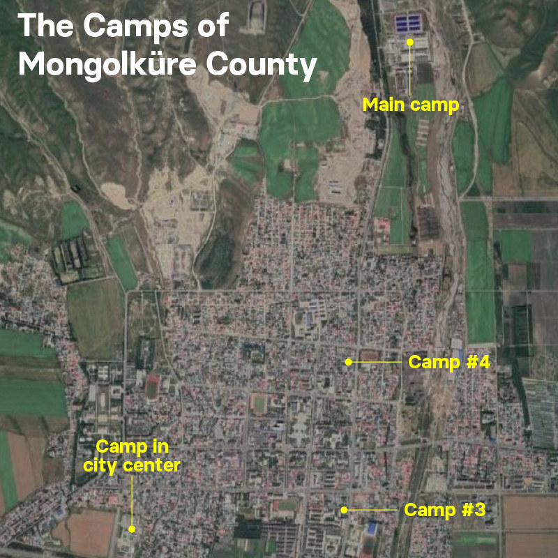 A satellite image showing the locations of the camps of Mongolküre County
