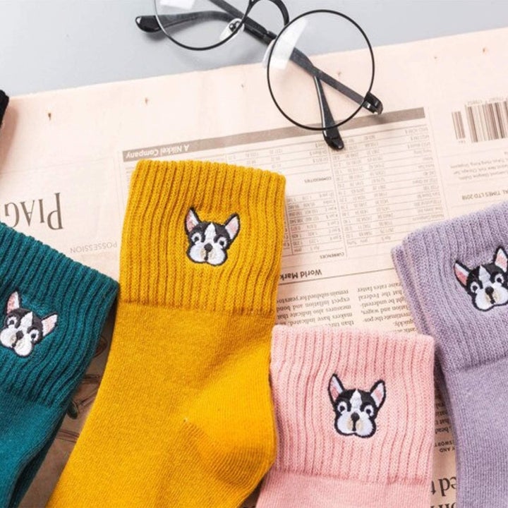 The socks in teal, mustard, pink, and purple